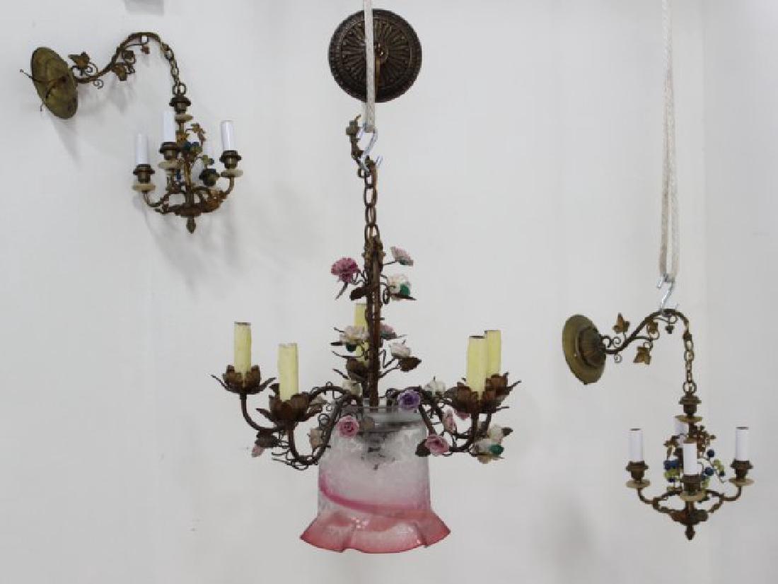 Rococo Style Porcelain & Metal Chandelier: With matched pair hanging sconces. Chandelier approx. 18" H, sconces 12" H. (013000A, 070996)