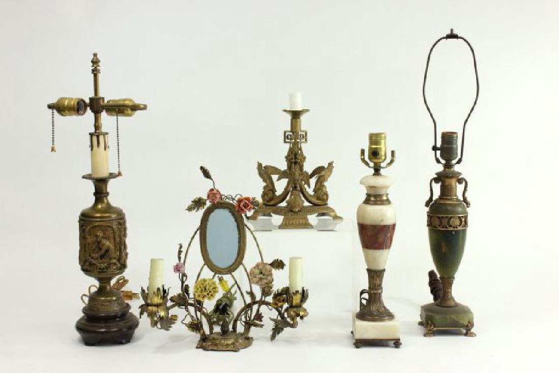 5 Neoclassic Style Lamps: In brass, bronze & onyx & metal. Largest approx. 14" H. (072698, SM2523, 051297F, XX-39, XX40)