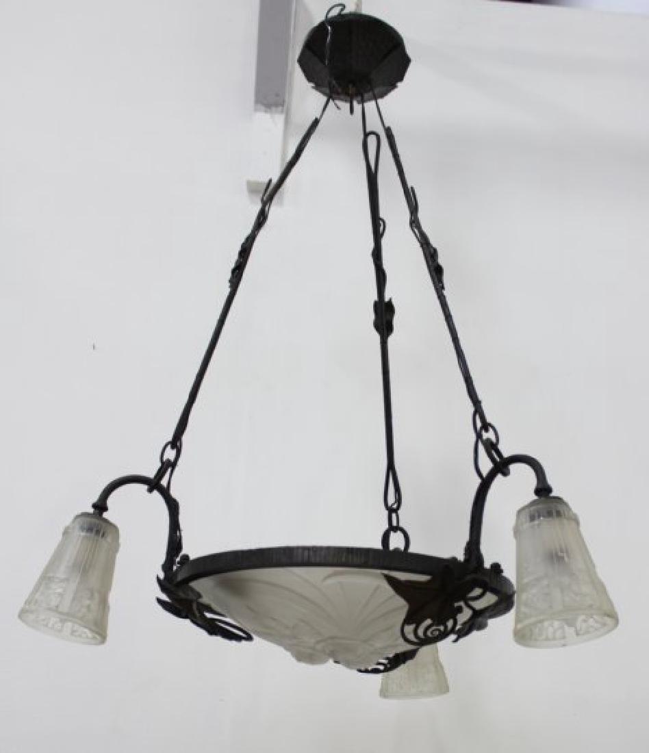 Wrought Iron 3-Light Art Deco Chandelier: With frosted molded glass. Dome with 3 lights. Approx. 39 1/2" H x 28" diameter. From the liquidation of Barnette Shure Antiques in Valley Stream, NY.