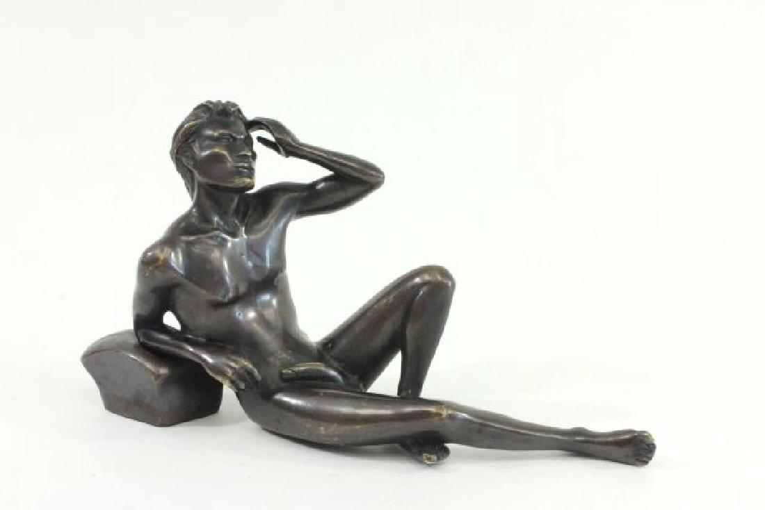 M. Cohen, Reclining Male Nude: Bronze. Signed M. Cohen. Approx. 7" H x 11 1/2" W. From a N.Y.C. collector. From the Adonis Collection.