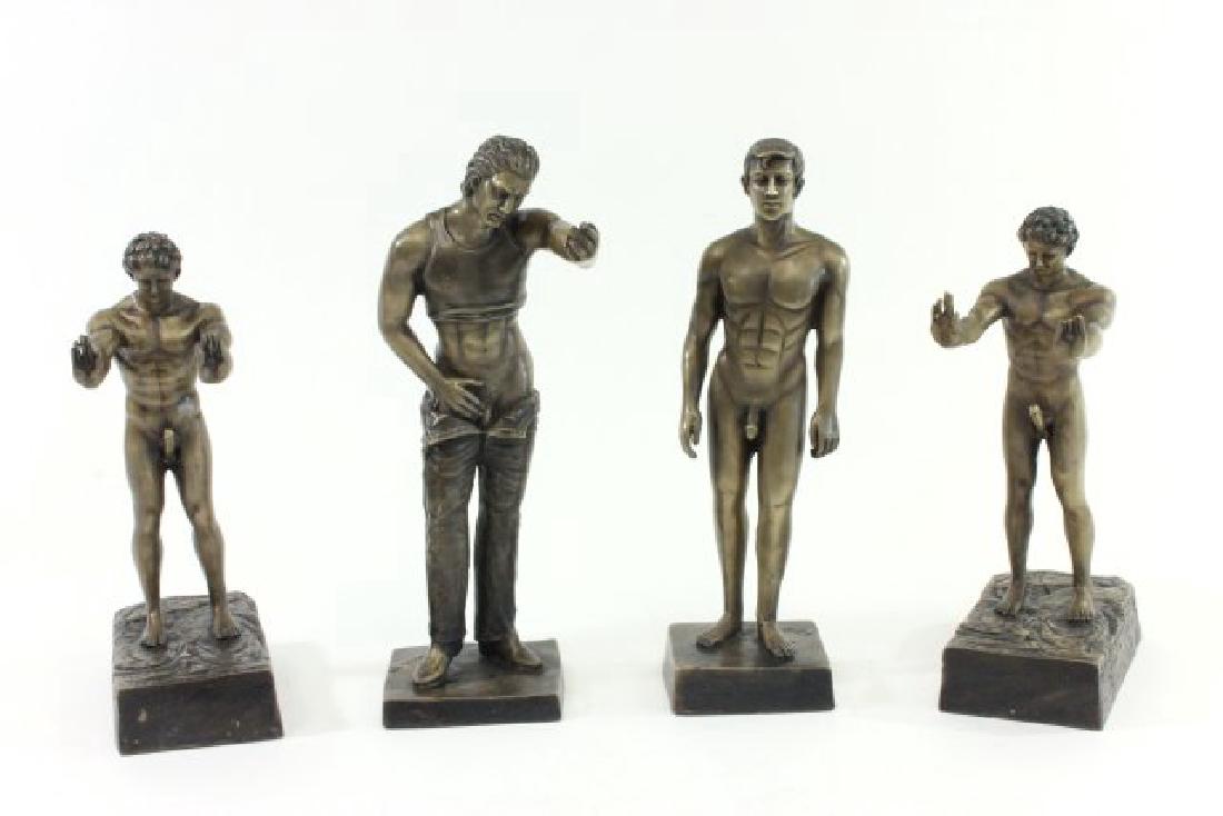 Bruce Zach, 4 Male Erotic Metal Sculptures: Including pair of bookends, man undressing, and male standing nude. Tallest approx. 12" H. Signed. From a N.Y.C. collector. From the Adonis Collection. Fingers damaged on one bookend.