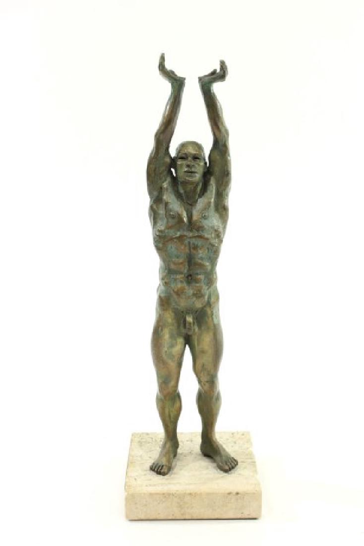 John Jones, Standing Male Nude "Too High 3": Bronze on travertine. Approx. 12" H total. From a N.Y.C. collector. From the Adonis Collection.
