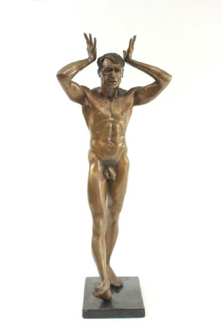 John Jones, Male Nude with Hands to Head: Bronze. Signed John Jones on base. Total approx. 26" H. From a N.Y.C. collector. From the Adonis Collection. Chip to base.