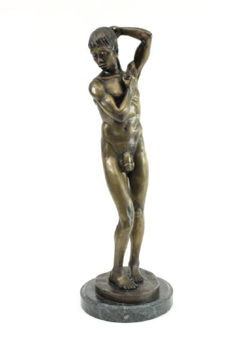 Male Nude Bronze on Base: Signed Joan AP 1/8. Approx. 24" H with base. From a N.Y.C. collector. From the Adonis Collection.