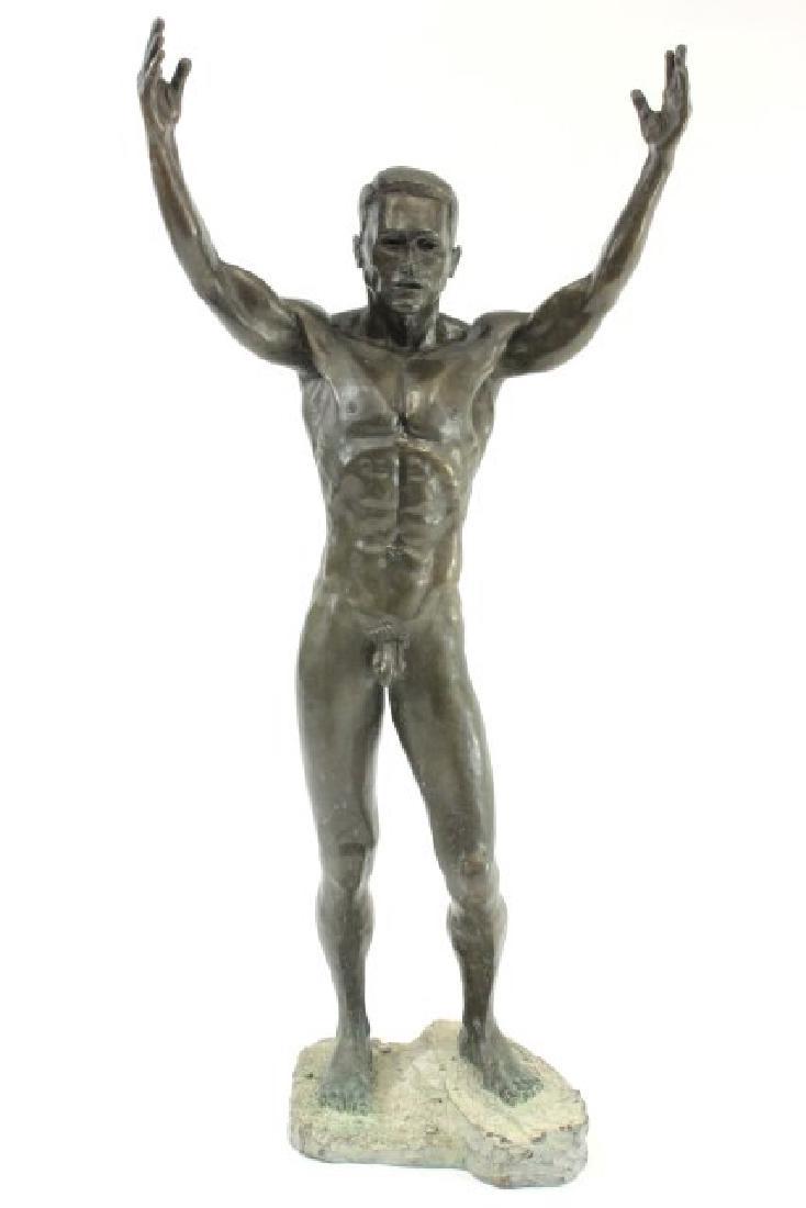 John Jones, Male Nude with Uplifted Arms: Bronze. Signed on base. Approx. 30" H. From a N.Y.C. collector. From the Adonis Collection.