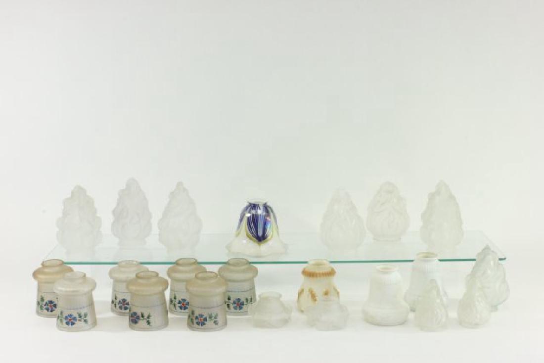 Lot of 22 Vintage Glass Shades: Including flame shades, art glass shades, and others. Some chips.