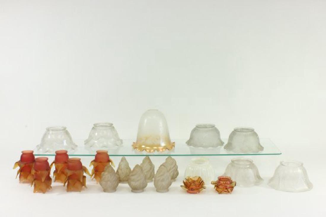 Lot of 21 Vintage Glass Shades: Including French Vianne shade and set of 6 flame shades. Some with chips.