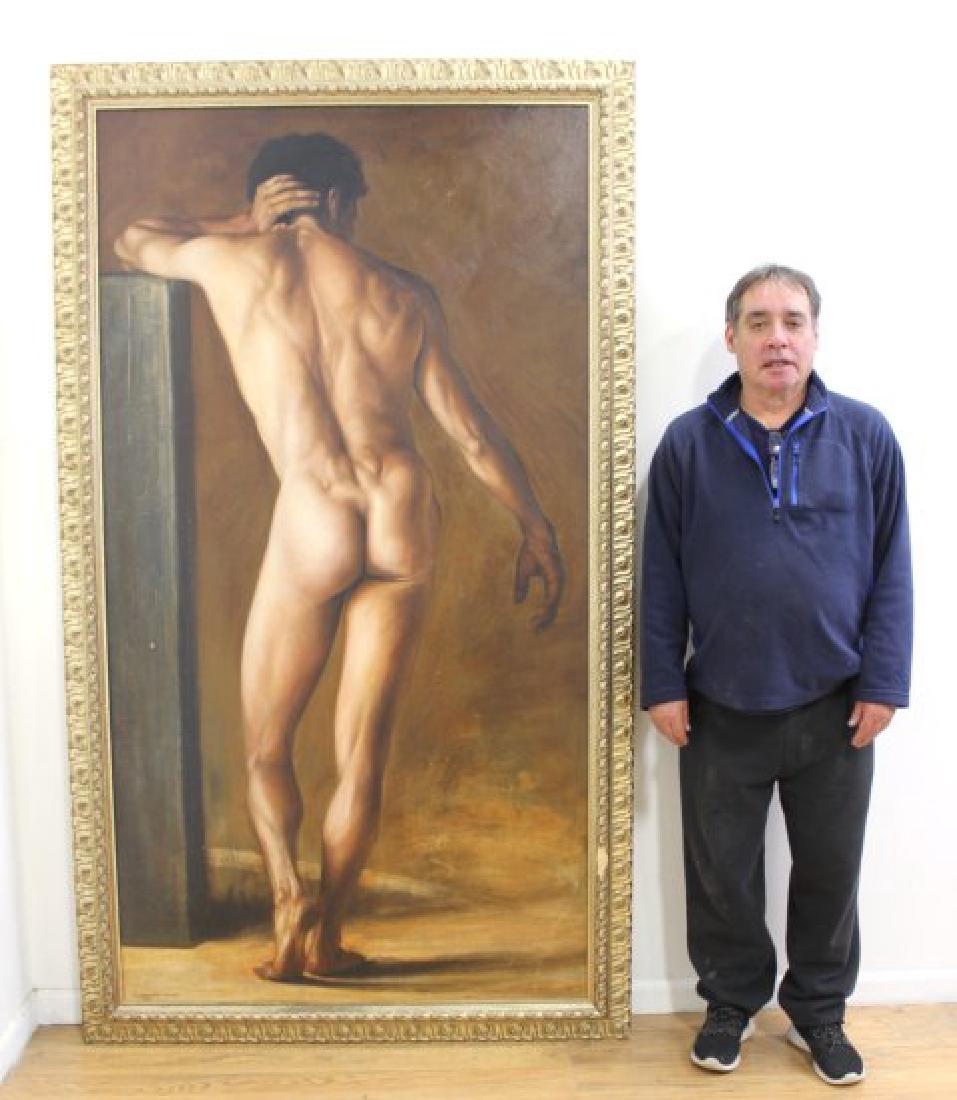 Gunnar Ahmer, Male Nude: Oil on canvas. Signed lower left and dated 2002. Approx. 76" x 42" unframed, 84" x 50" framed. From a N.Y.C. collector. From the Adonis Collection.