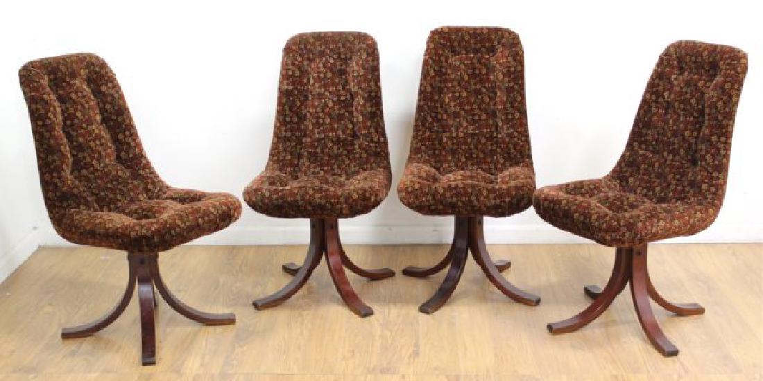 Set 4 Mid-Century Modern Swivel Chairs: Brown fabric. Approx. 36" H x 19" W.