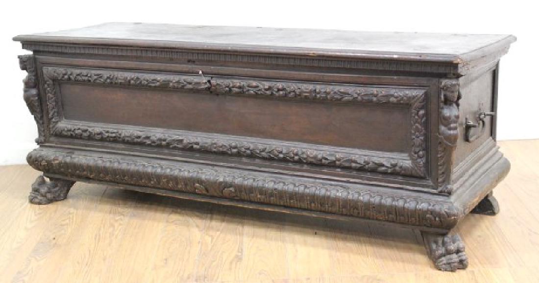 18th Century Claw Foot Cassone: With key. Approx. 23" H x 20" x 59". Some warping on top.