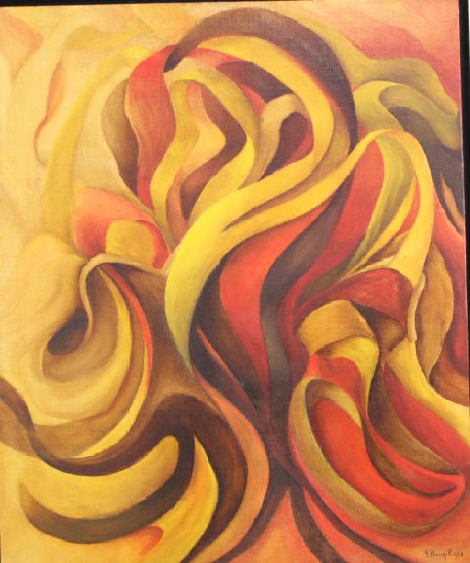 Gaby Bauzil, Abstract: Oil on canvas board. Signed and dated 1958 lower right. Gaby Bauzil (born 1905). Approx. 25 1/2" x 21" unframed, 27 1/2" x 23" framed. From a New Rochelle estate of a French art dealer. (6221)