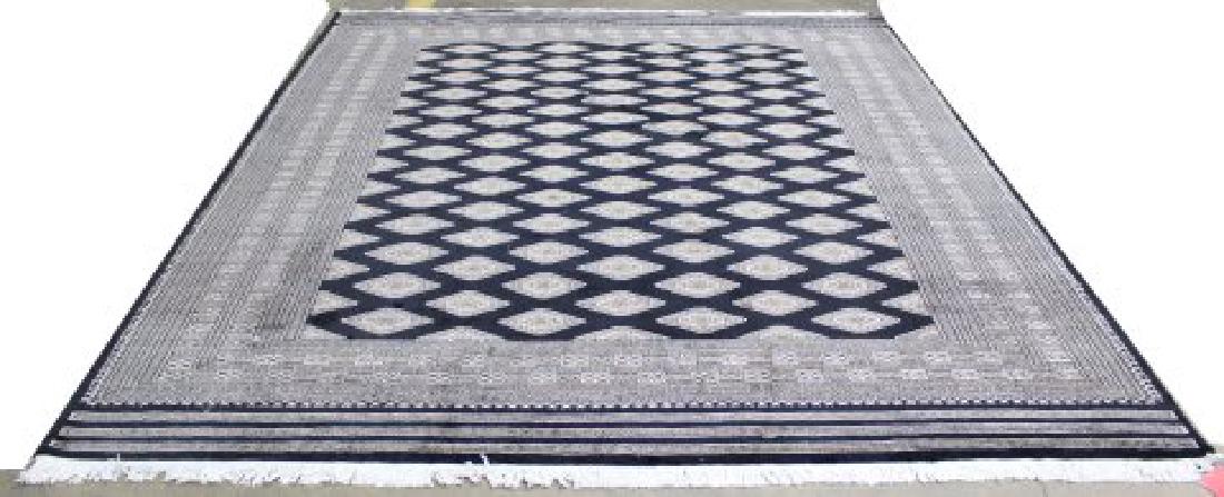 Bakhara Handmade Rug/Carpet: Black background. Diamond pattern. Approx. 8' x 10 1/2'. (6221) Good condition.