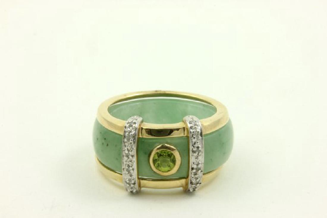 14K Gold Edged Band & Jade Strip of Diamonds: Size approx. 6.5. Approx. 4.05 dwt. From the estate of Joanne Hearst Castro, granddaughter of William Randolph Hearst.