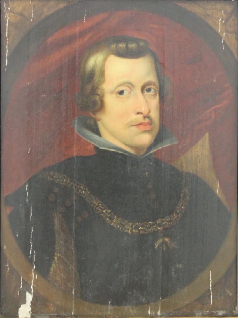 Portrait of European Gentleman: On wood. Cradle back. 18th century. Approx. 25" H x 19" W image, 34" x 28" framed. Cracks in wood. As is.