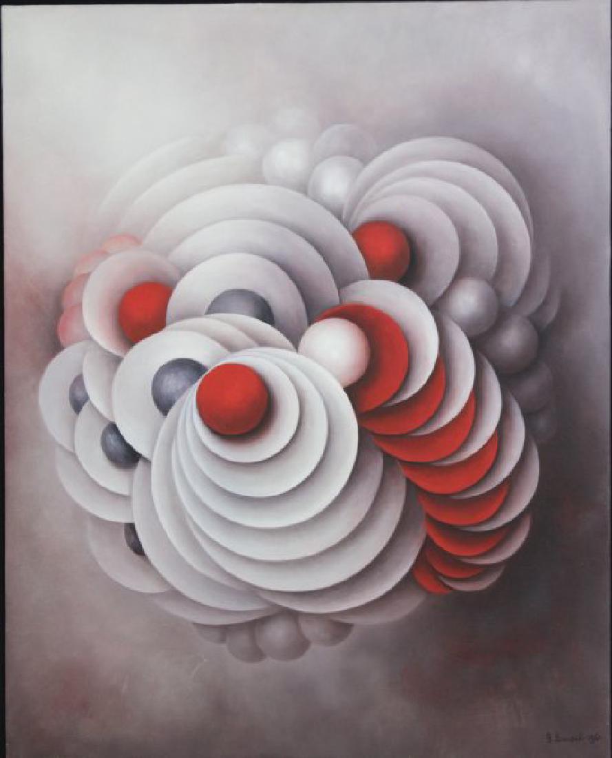 Gaby Bauzil, Abstract Oil on Canvas: Signed and dated 1960 lower right. Gaby Bauzil (born 1905). Approx. 31 1/2" x 25 1/2" unframed, 33 1/2" x 27 1/2" framed. From a New Rochelle estate of a French art dealer. (6221)