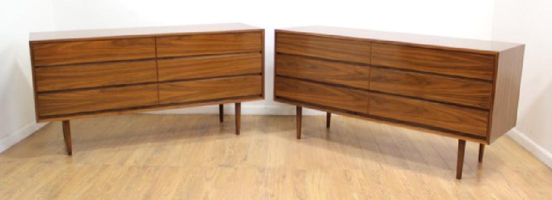 Pair Custom American Mid Century Walnut Dressers: Circa 1950. Approx. 30" H x 60" W x 20" D. (6221)