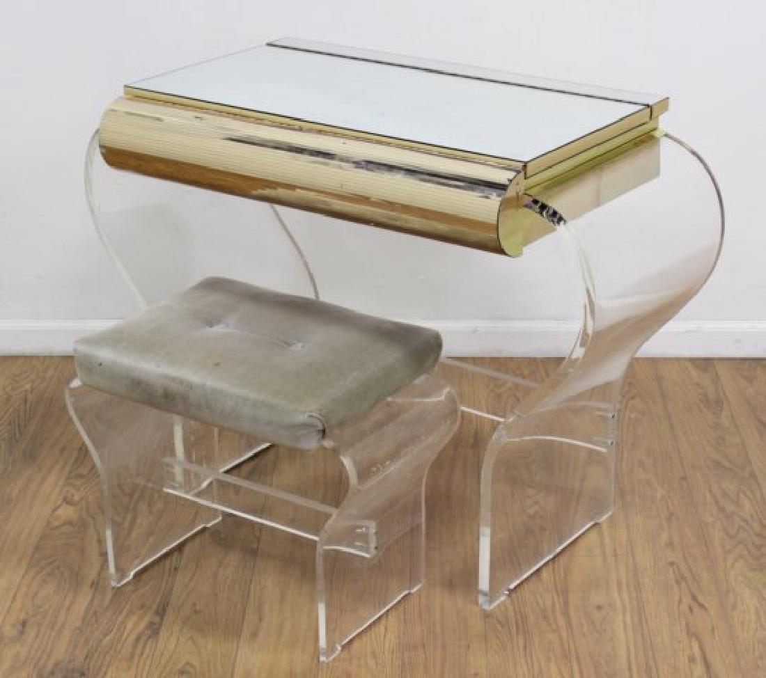 Lucite & Chrome Vanity with Matching Bench: Approx. 29" H x 39 1/2" W x 19" D.