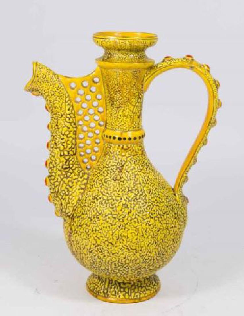 :Zsolnay Yellow Textured Ceramic Ewer: Approx. 11 3/4" H. Property from the Erno Laszlo Institute, West Broadway, NYC. (6191)