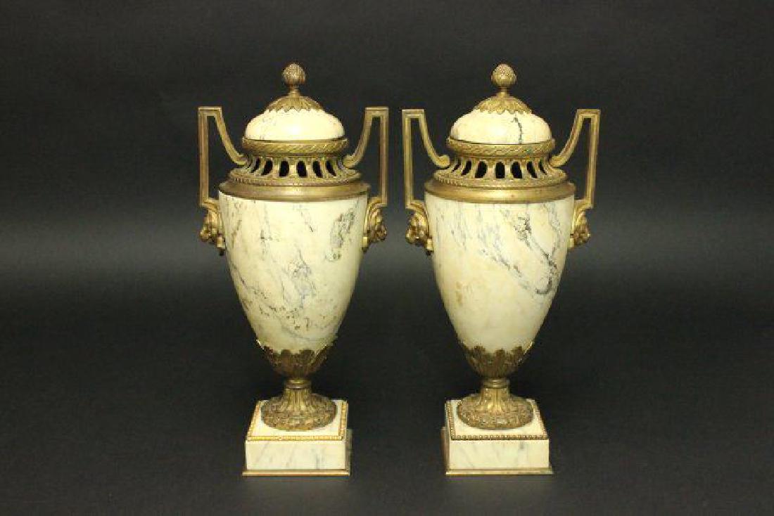 :Pair Bronze & Marble Cassolettes: Early 20th century. Approx. 16" H.