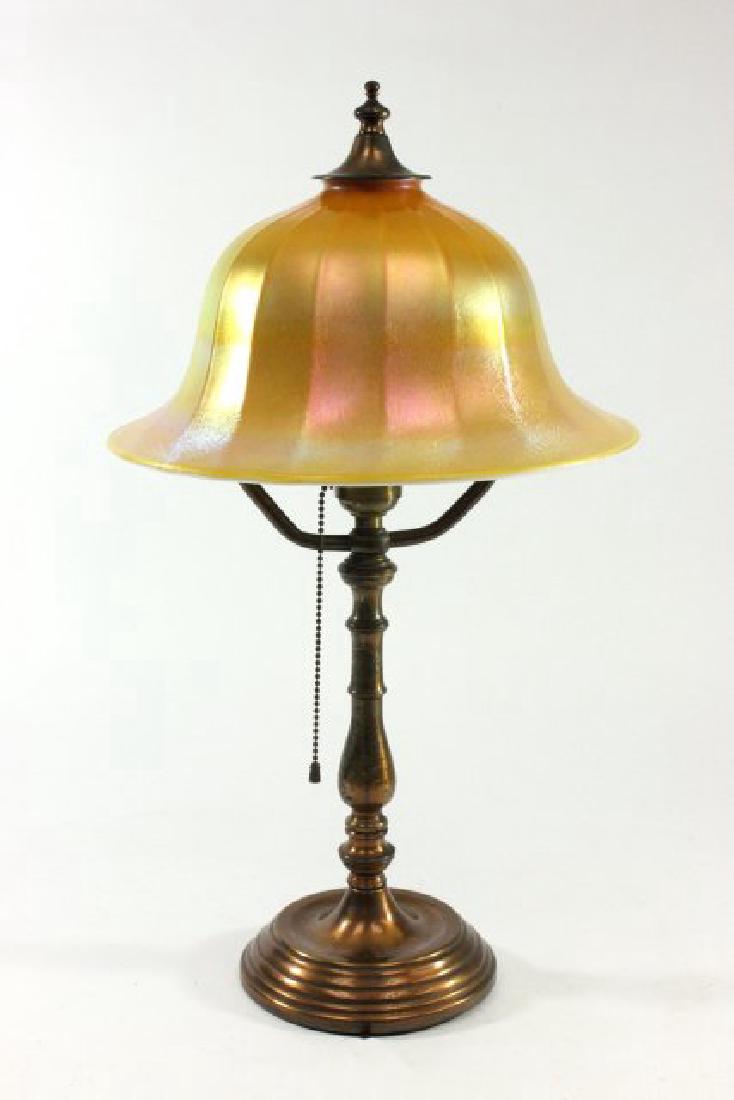 Quezal Lamp: Shade signed. Approx. 10" X 14".