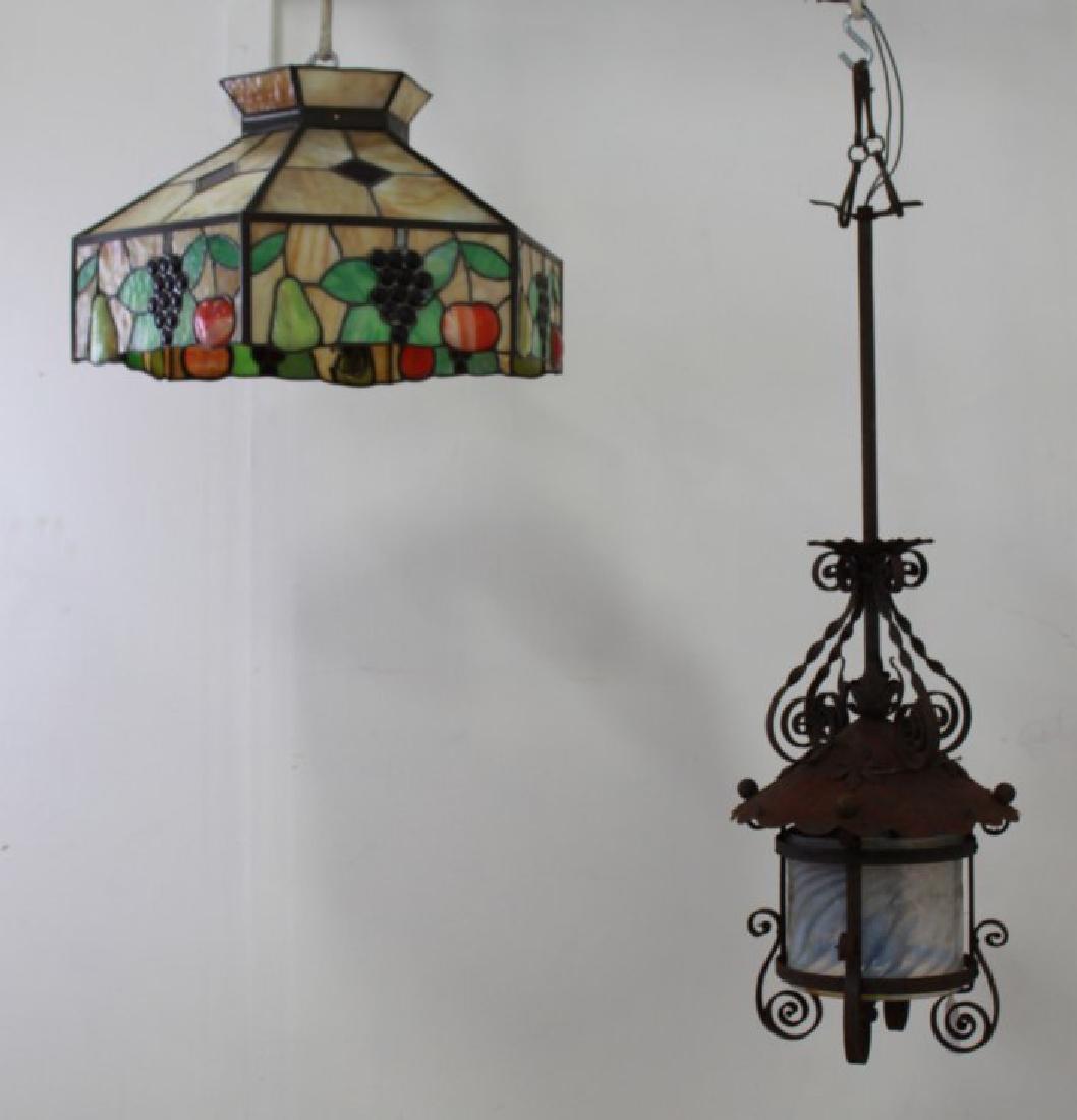 2 Arts & Crafts Colored & Slag Glass Lanterns: Larger approx. 37" H x 13" diameter.