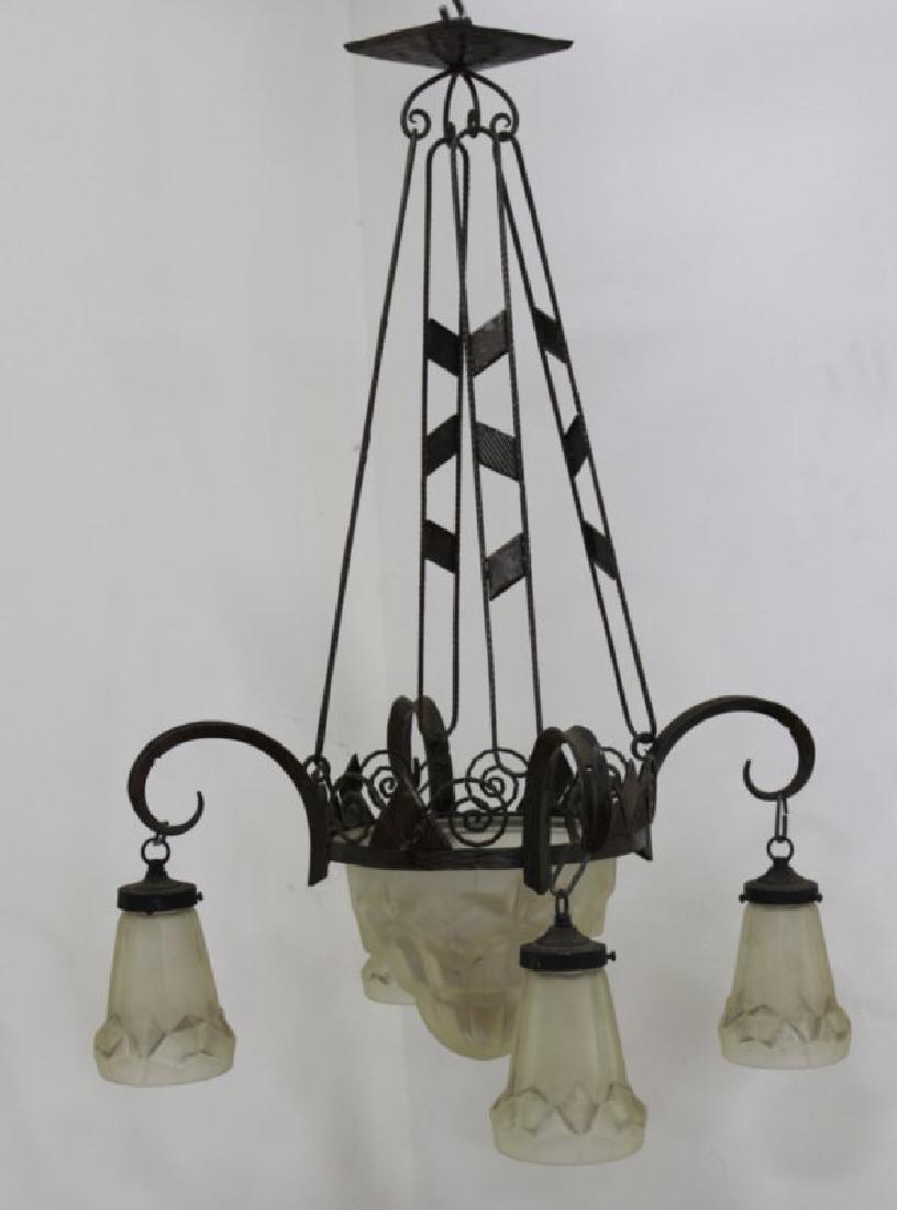 Edgar Brandt Style Wrought Iron Chandelier: Frosted glass. Approx. 36" H x 24" diameter.