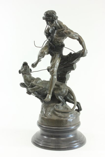 Bronze Sculpture of Man Fighting Off Cougar: Contemporary recast by Edouard Drout. Approx. 26 1/2" H with marble base.