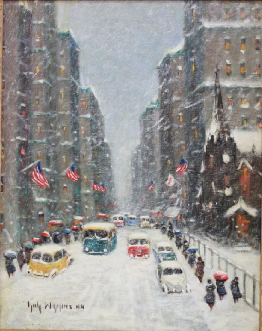 Guy Carleton Wiggins, "Snowy Day": Oil on canvas. Signed. Guy Carleton Wiggins, American (1883-1962). Approx. 23 1/2" x 19" unframed, 30 1/2" x 26" framed. Provenance: Acquired from Arthur & Harlow & Co., N.Y., then to Virgil Holmes, B
