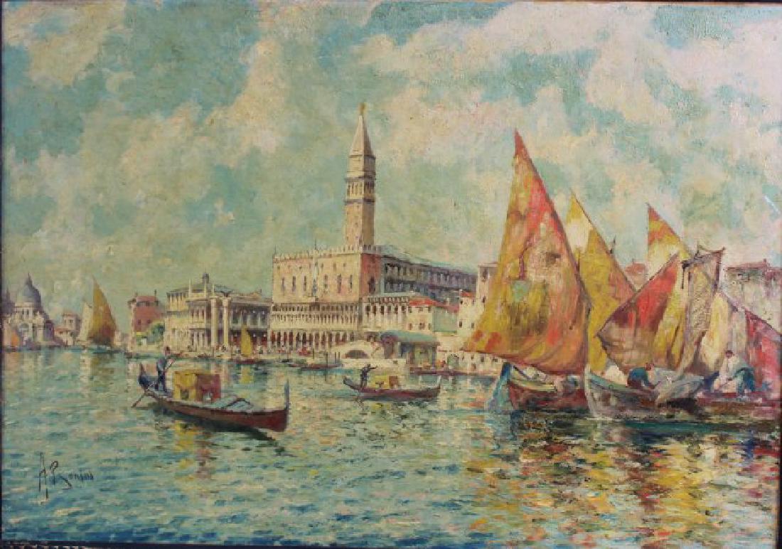 Antonio Bonini, Venetian Scene: Oil on canvas. Approx. 27 1/2" H x 39 1/2" W sight, 37" H x 48" W framed.