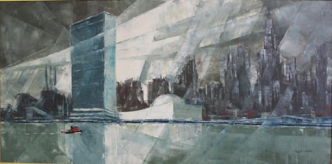 Robert Lebron, NYC UN Building from East River: Approx. 20" x 40" sight, 28 1/4" x 48 1/2" framed.