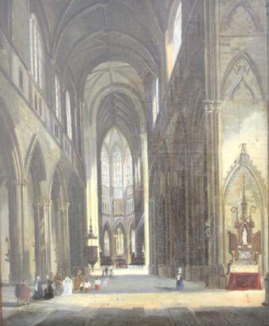 :Church Interior: Oil on canvas. Signed and dated lower right possibly Lepue, pinq... 184... 19th century. Approx. 22 1/4" H x 18 1/2" W sight, 29" H x 25" W frame. (6206)