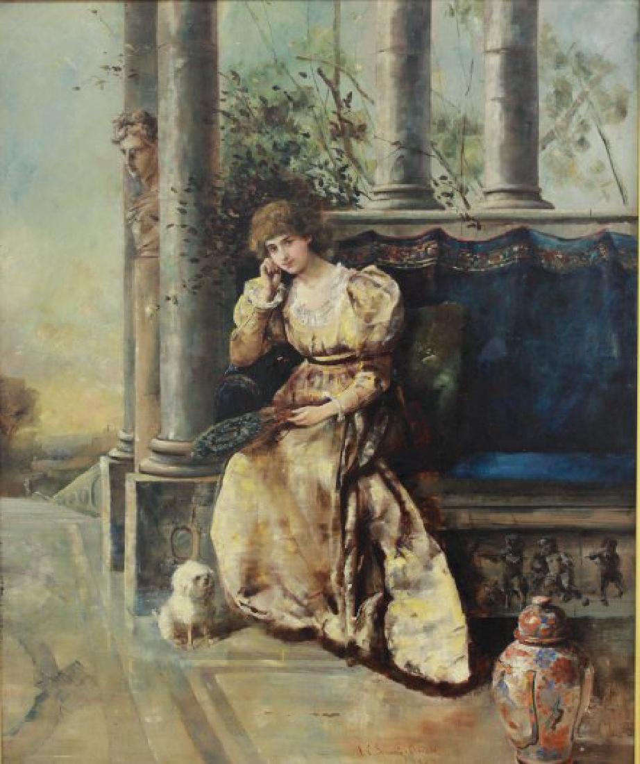 A.C. Schmitz-Conrade, "Memories": Seated woman with poodle and fan in her hand. Oil on canvas. Gilt framed. Signed A.C. Schmitz-Conrade and dated 1881. 19th century, English. Approx. 29 1/2" x 25" image, 41" x 36" frame.