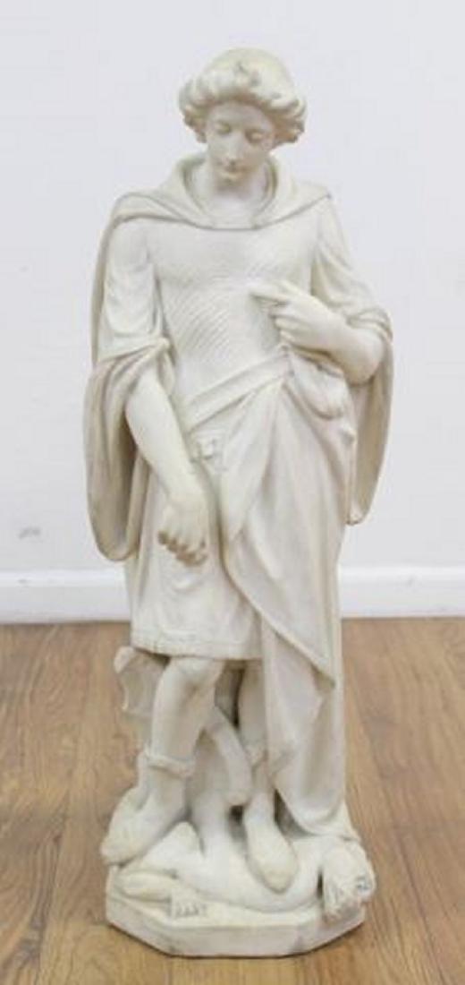 :Saint George and the Dragon: Marble statue. Approx. 32 1/2" H x Property from the collection of Hank Willoughby, Allenwood, NJ. Weathered. Sword missing. Thumb broken.