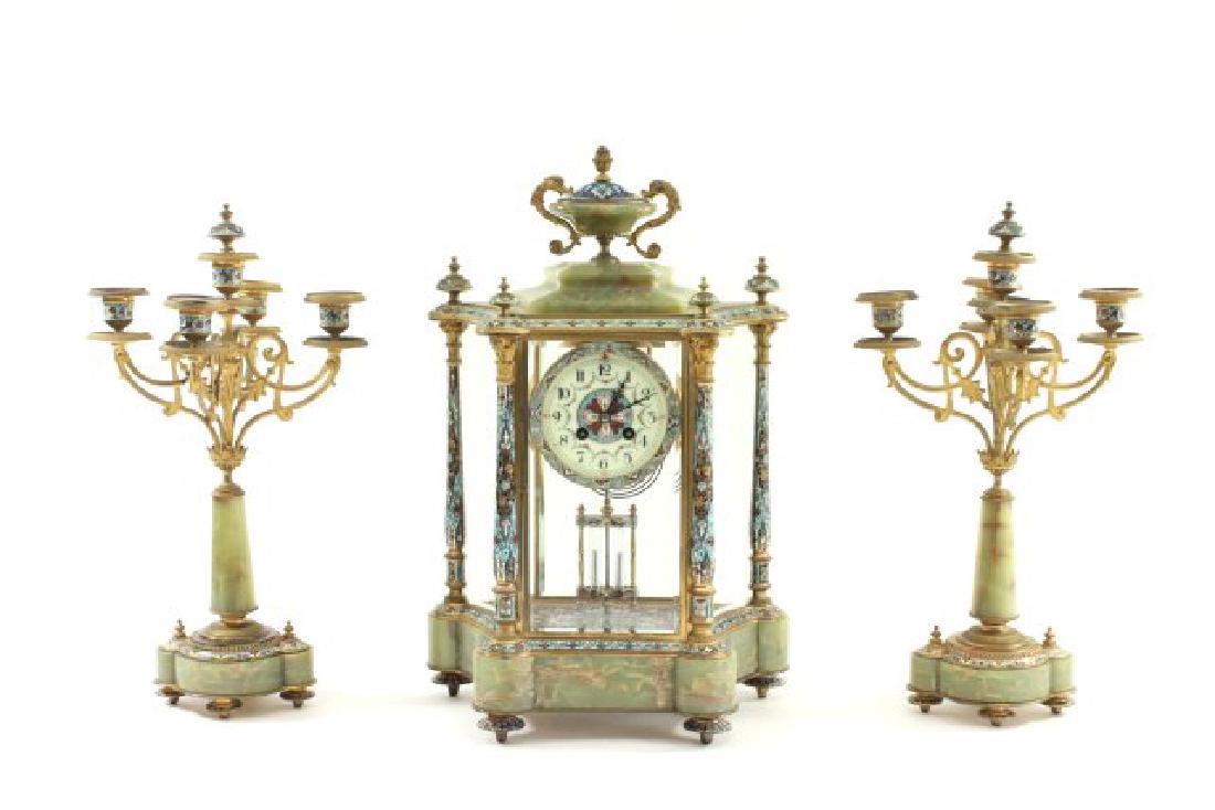 3-Piece French Enamel, Bronze, & Onyx Clock Set (1 of 10)