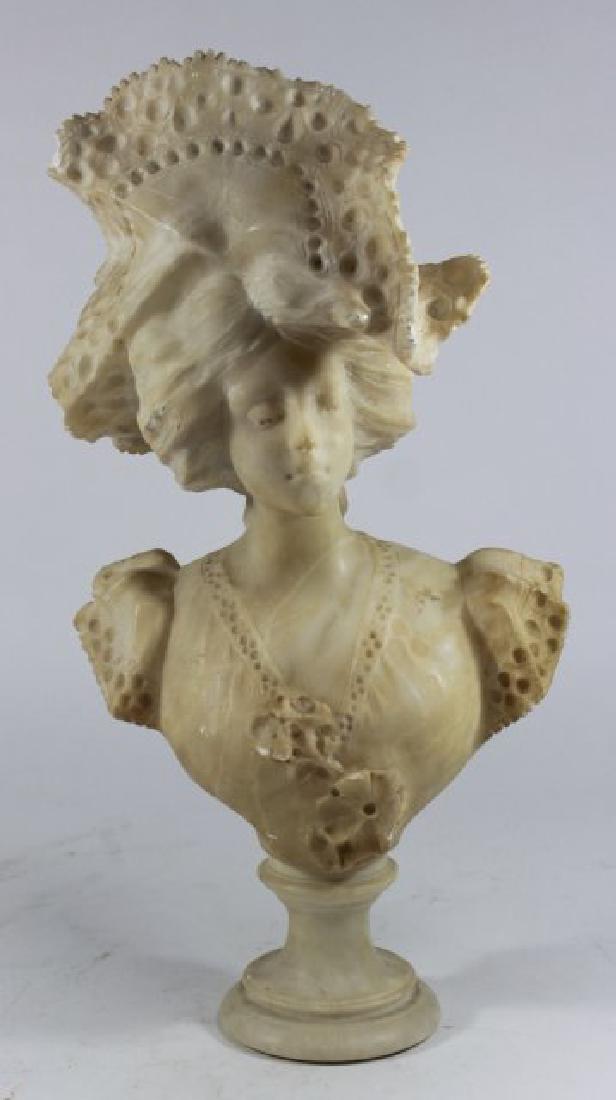 Alabaster Bust of Young Woman: Approx. 20 1/2" H. Damages to edges.