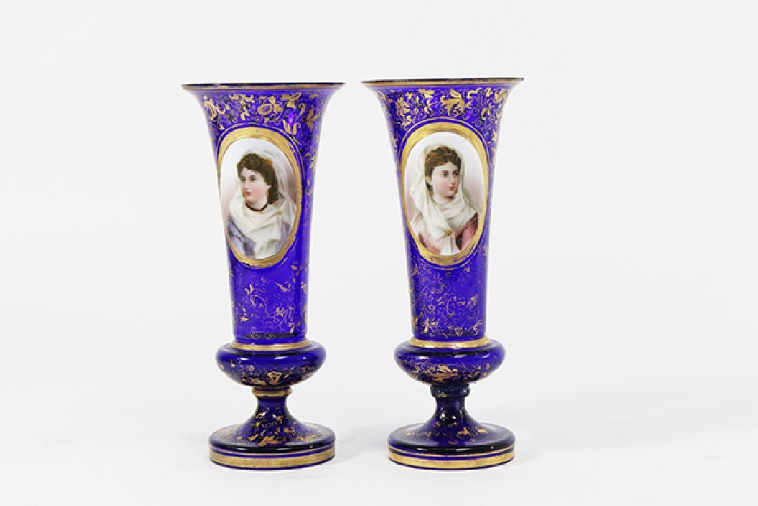 Pair Bohemian Portrait Cobalt Glass Vases (1 of 5)