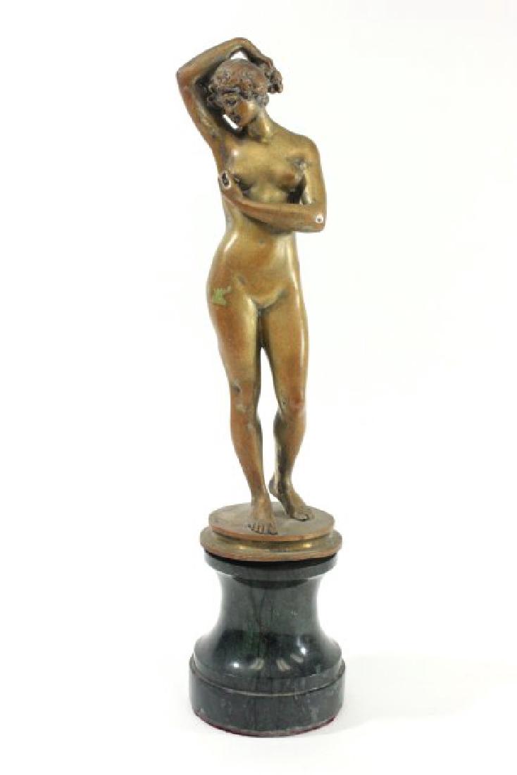 Bronze Figure of Female Nude: Mounted on marble base. Signed illegibly. Approx. 16 3/4" H with base.