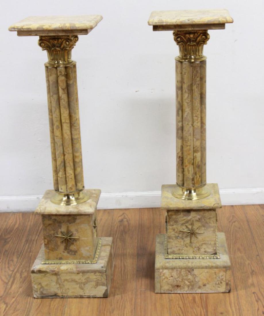Pair Beige Marble Pedestals: With bronze ormolu. Approx. 44" H x 12" W.