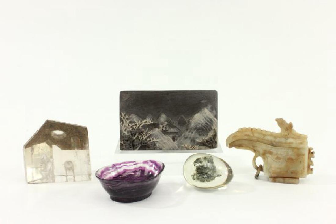 5 Small Stone Objects: Including amethyst & crystal bowl, approx. 1 1/2" x 3 1/4"; rock crystal carved with nude and lion, approx. 3 1/2" x 3 1/2"; Asian covered vessel; Asian landscape plaque, approx. 3 1/4" x 5 1/4"; and 