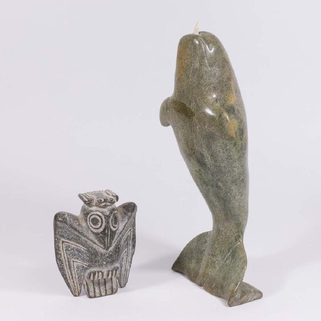 Eskimo Soapstone Narwhal Figure & Thunderbird: Narwhal whale figure signed on bottom, Tyklol Toonoo, approx. 14" H x 5 1/2" W; and thunderbird, approx. 5 1/2" x 4 3/4". (6232) Narwhal figure tooth is broken.