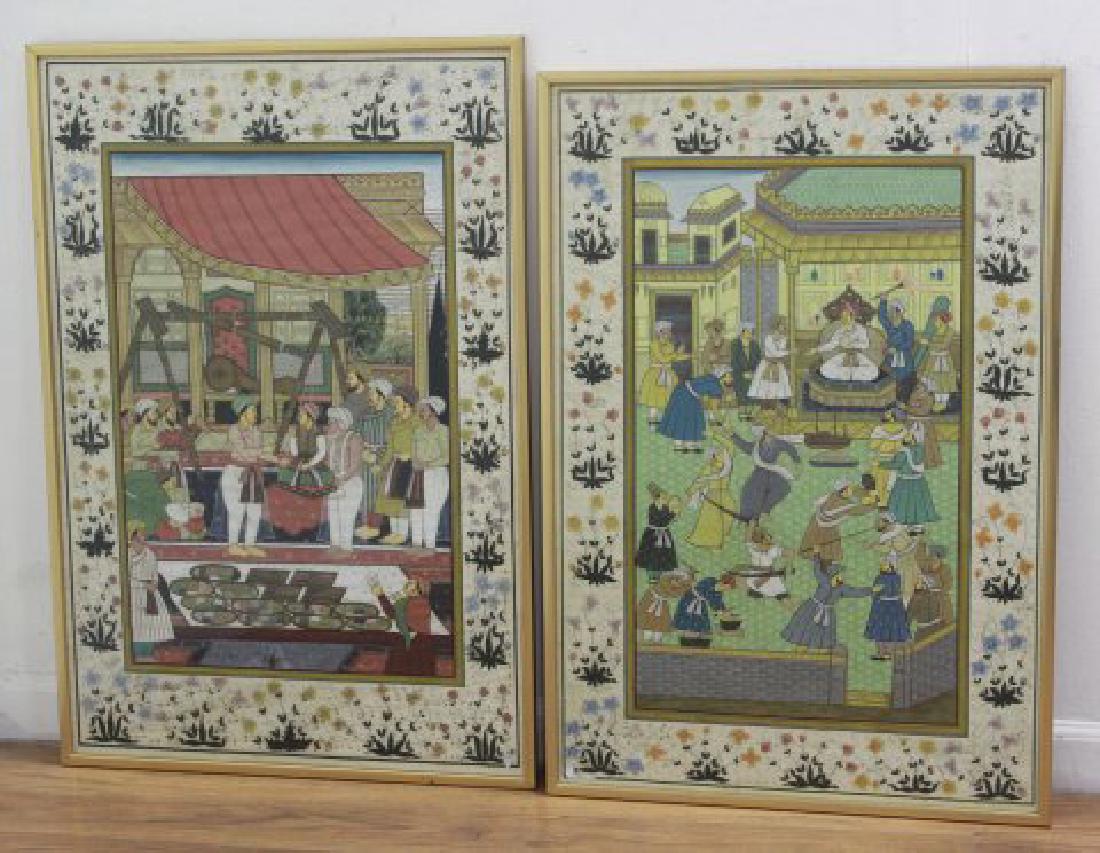Pair Moghul Hand-Colored Watercolors: Approx. 32" x 22". From an Interlaken, NJ estate.