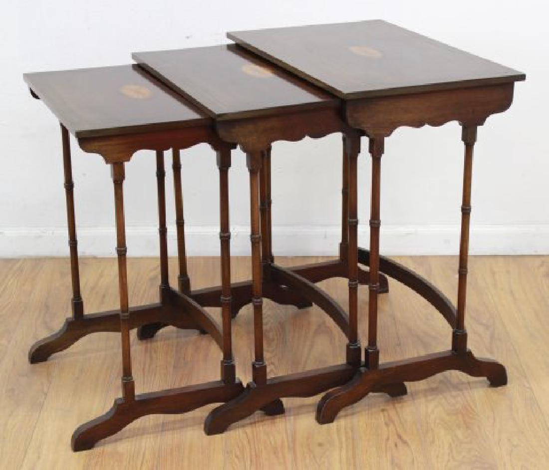 Inlaid Mahogany Nest of Tables: Approx. 26" H x 23 1/2" W x 15" D. From a 70-year collection from retiring antique dealer Harvey Sacks.