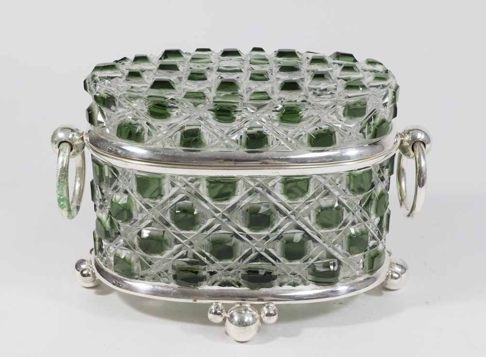 Green Cut Glass & Silverplated Casket: Contemporary. Approx. 6 1/2" H x 9".