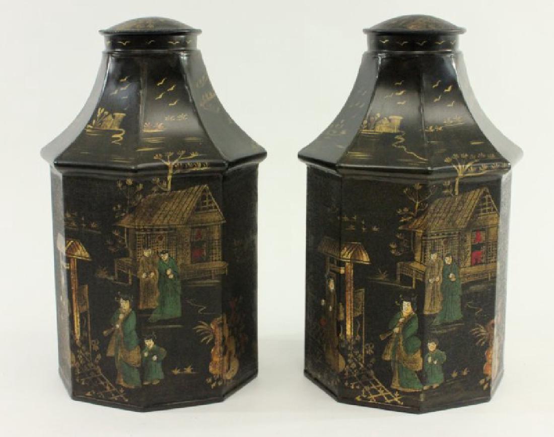 Pair Black Pagoda-Shaped Tea Tins: Modern. Approx. 15" H.