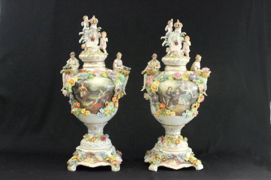 Pair Dresden Style Porcelain Figural Covered Urns (1 of 9)