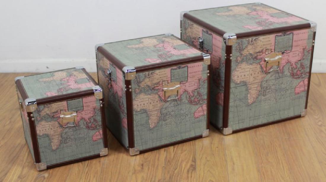 Nesting Map Trunks: Contemporary. Approx. 18" x 18" x 18", 15" x 15" x 15", and 11 3/4" x 11 3/4" x 11 3/4".