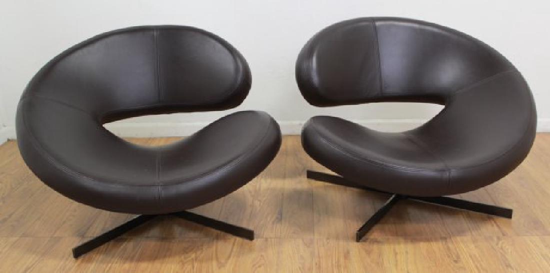 Pair Roche Bobois Leather Swivel Chairs (1 of 4)