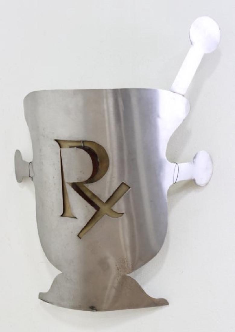 Polished Metal Pharmacy Sign: Shield-shaped. Approx. 35" H.