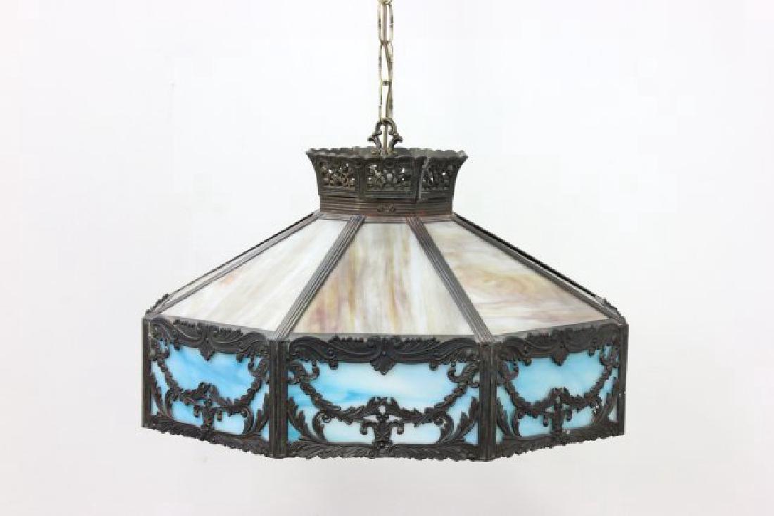 Early 20th Century 16-Panel Slag Glass Chandelier: Approx. 12 1/2" H x 21" W. From a 70-year collection from retiring antique dealer Harvey Sacks.