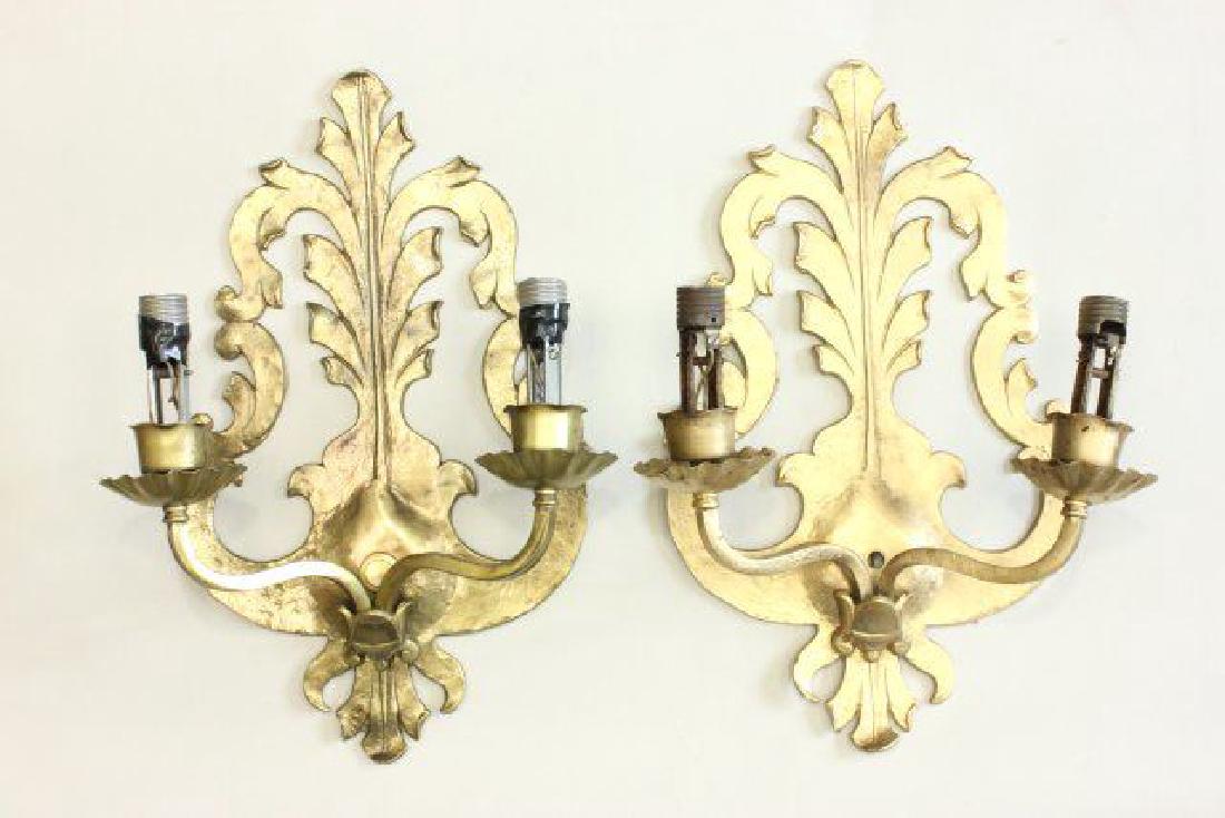 :Pair Gilt Metal Fleur-de-Lis 2-Arm Sconces: Approx. 16 1/4" H x 11" W.